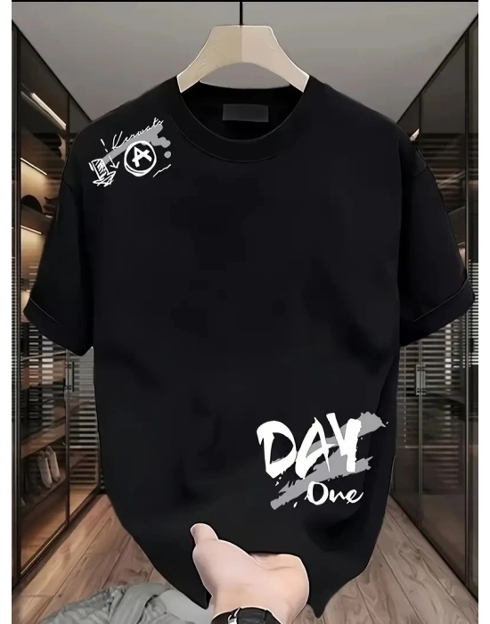 20/1 Penye Compack Day One Baskılı Oversize Bisiklet Yaka T-shirt - Siyah