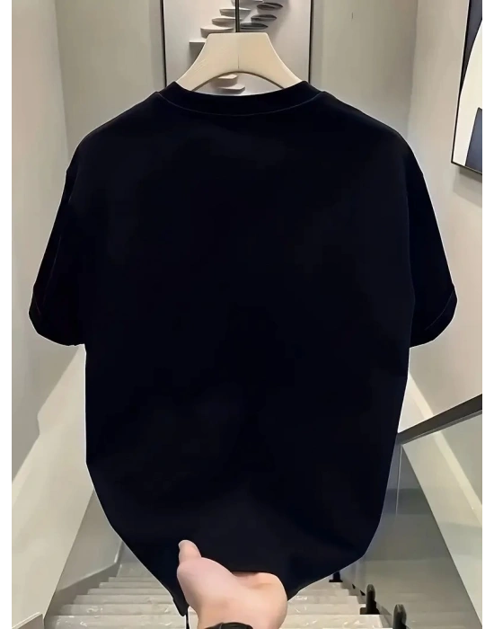 20/1 Penye Compack Day One Baskılı Oversize Bisiklet Yaka T-shirt - Siyah