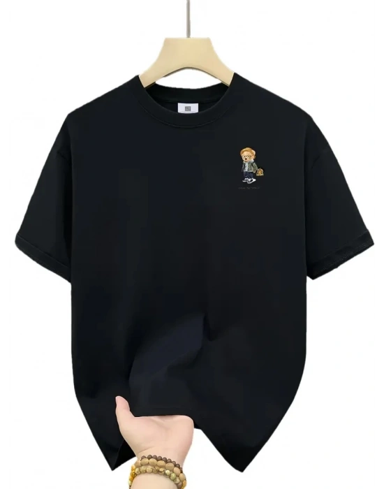 20/1 Penye Compack Gözlüklü Ayı Baskılı Oversize Bisiklet Yaka Erkek T-shirt - Siyah