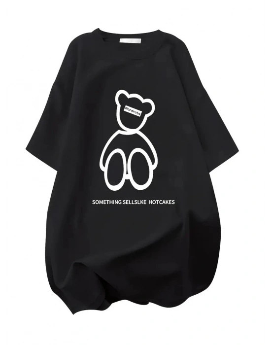 20/1 Penye Compack Ön Arka Baskılı Oversize Bisiklet Yaka T-shirt - Siyah