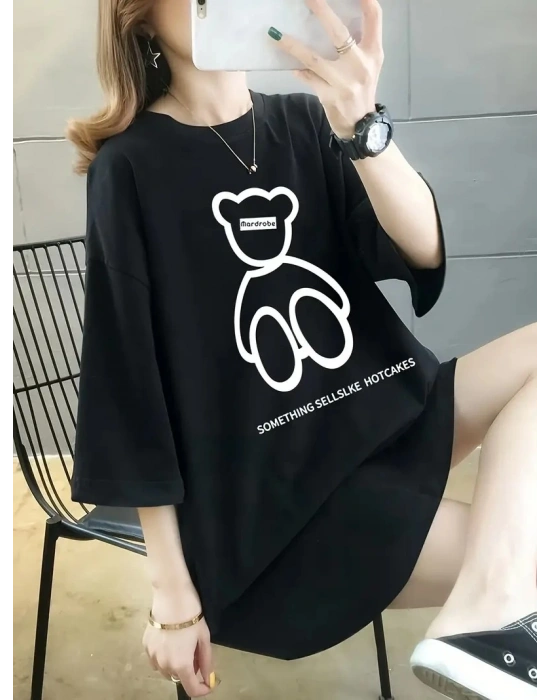 20/1 Penye Compack Ön Arka Baskılı Oversize Bisiklet Yaka T-shirt - Siyah