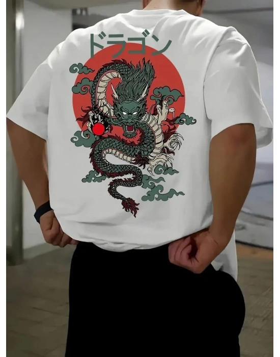 20/1 Penye Compack Ön Arka Ejder Baskılı Oversize Bisiklet Yaka T-shirt - Beyaz