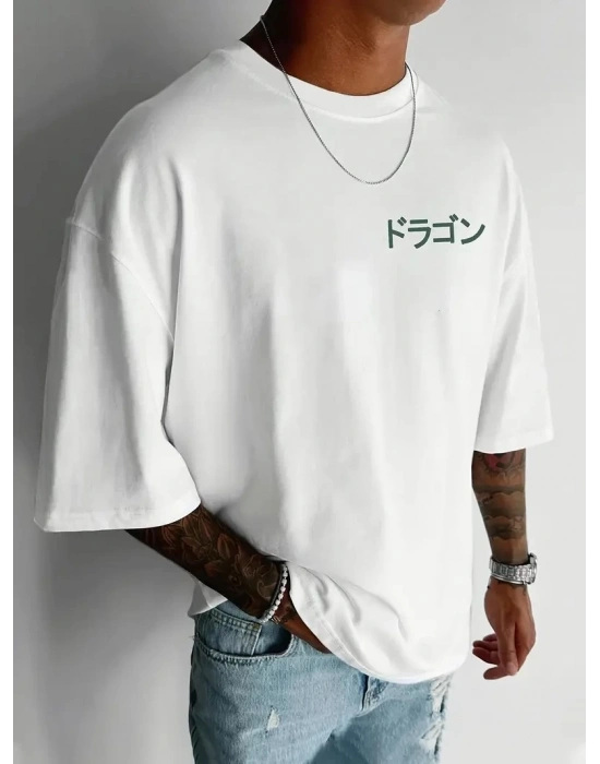 20/1 Penye Compack Ön Arka Ejder Baskılı Oversize Bisiklet Yaka T-shirt - Beyaz