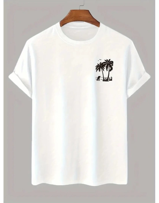 20/1 Penye Compack Palmiye Baskılı Oversize Bisiklet Yaka Kısa Kol T-shirt - Beyaz