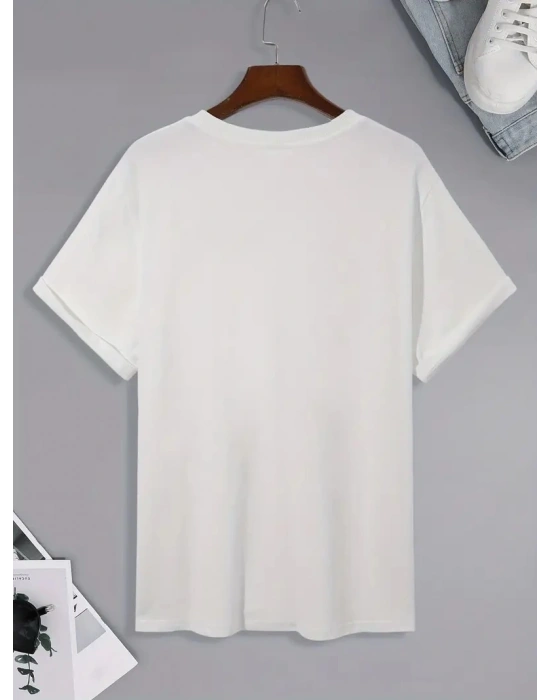 20/1 Penye Compack Palmiye Baskılı Oversize Bisiklet Yaka Kısa Kol T-shirt - Beyaz