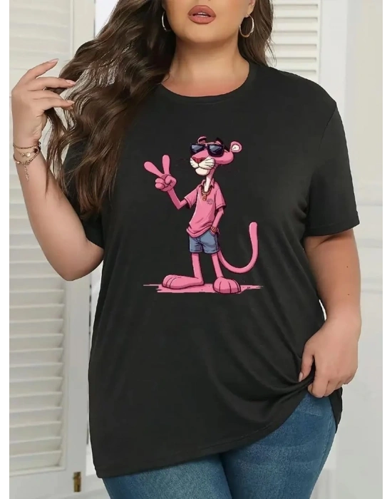 20/1 Penye Compack Pembe Panter Baskılı Oversize Bisiklet Yaka Kısa Kol Yazlık T-shirt - Beyaz