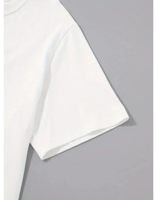 20/1 Penye Compack Sarj %1 Baskılı Oversize Bisiklet Yaka Kısa Kol Yazlık T-shirt - Beyaz