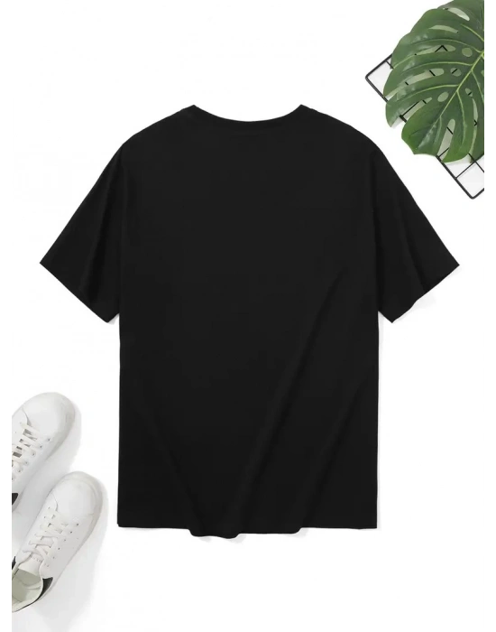 20/1 Penye Compack Sarj %1 Baskılı Oversize Bisiklet Yaka Kısa Kol Yazlık T-shirt - Siyah