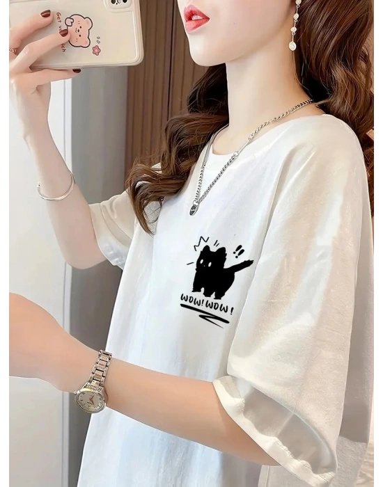 20/1 Penye Compack Tatlı Kedi Baskılı Oversize Bisiklet Yaka T-shirt - Beyaz