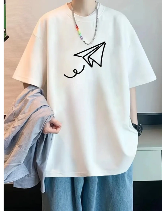 20/1 Penye Compack Uçak Baskılı Oversize Bisiklet Yaka Kısa Kol T-shirt - Beyaz