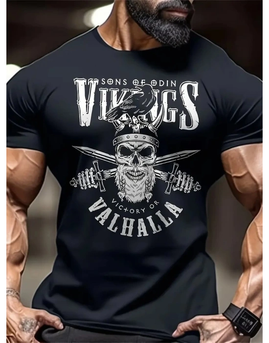20/1 Penye Compack Vikings Valhalla Baskılı Oversize Bisiklet Yaka T-shirt - Siyah