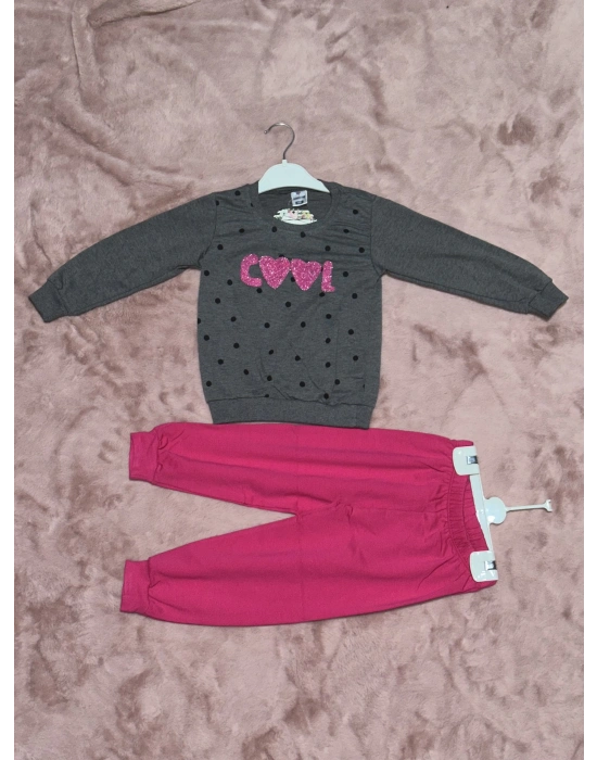 3-7 yaş pontiyeli ikili alt üst takım gri fuşya kız çocuk