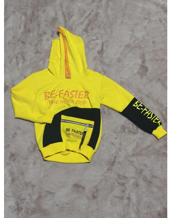 3-9 yaş naskılı ön fermuar detaylı kol ek kapşonlu sweatshirt sarı