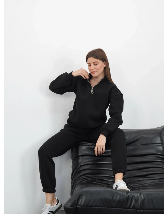 3 iplik içi Şardonlu yarım fermuarlı alt üst takım siyah