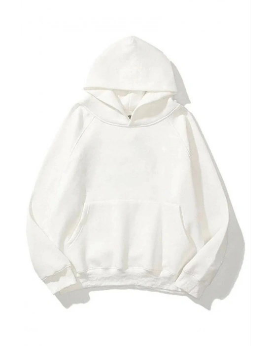 Kadın 3 İplik Pamuklu Kapşonlu Sweetshirt - Beyaz