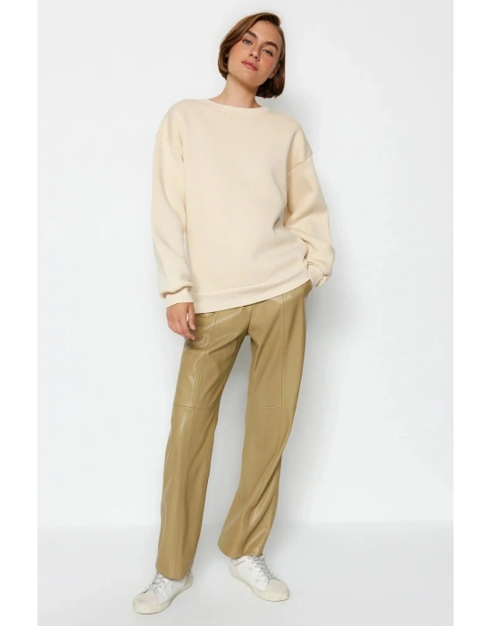 3 iplik şardonlu bisiklet yaka sweatshirt bej