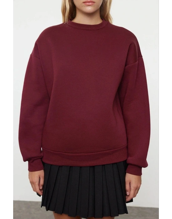 3 iplik şardonlu bisiklet yaka sweatshirt bordo