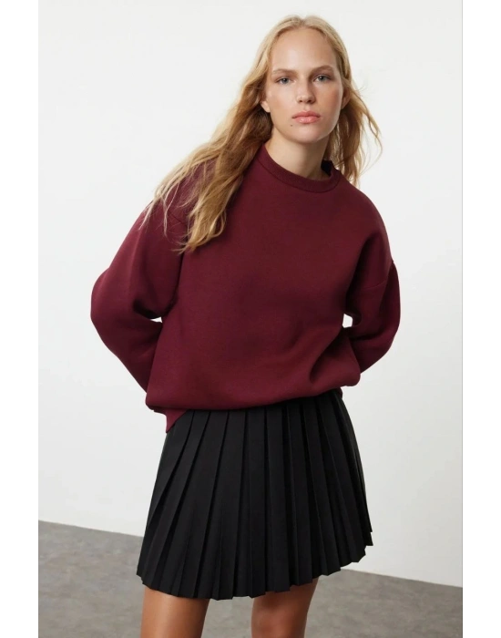 3 iplik şardonlu bisiklet yaka sweatshirt bordo