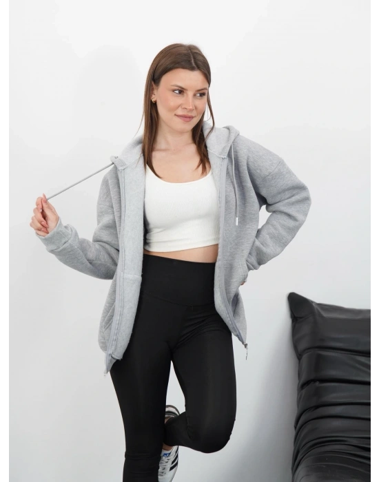 3 iplik şardonlu fermuarlı kapşonlu hırka gri