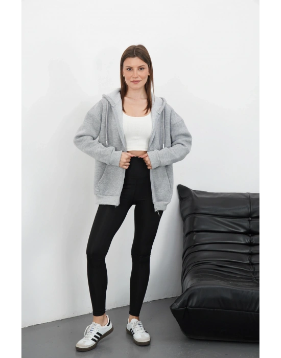 3 iplik şardonlu fermuarlı kapşonlu hırka gri