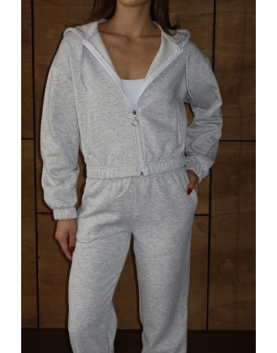 3 iplik şardonlu Kapşonlu fermuarlı kısa üst gri pat8590