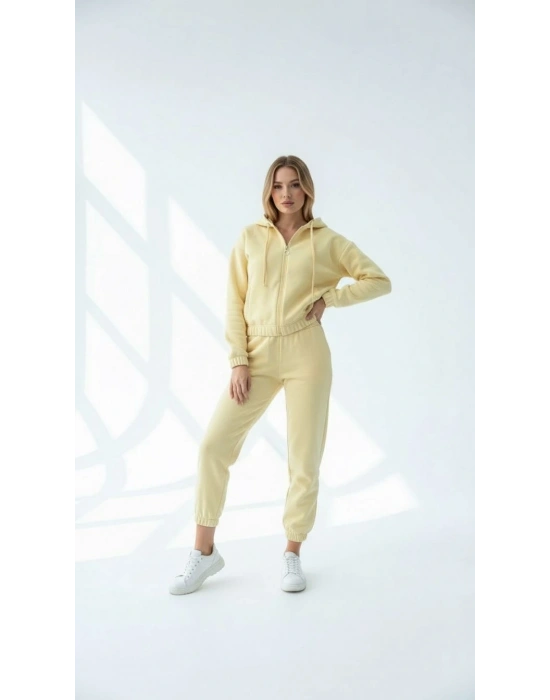 3 iplik şardonlu Kapşonlu fermuarlı kısa üst sarı pat8590