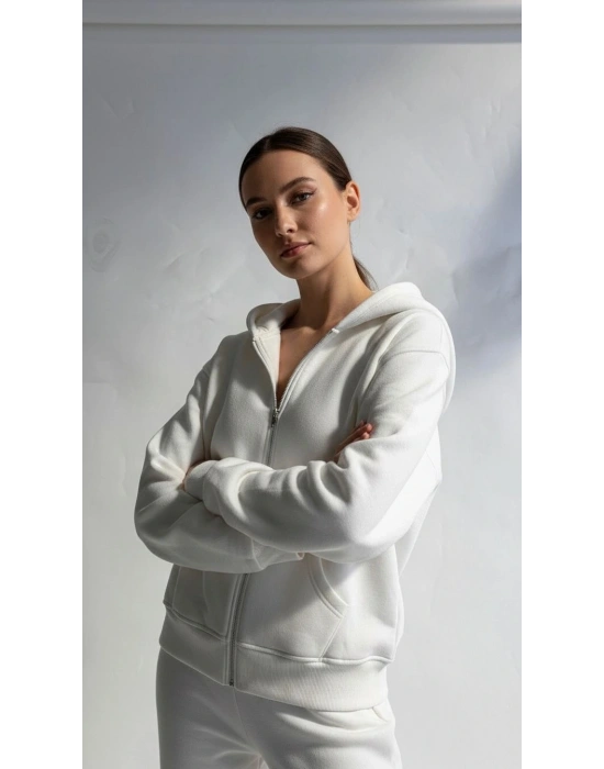 3 iplik şardonlu kapşonlu hoodie frm beyaz p510437