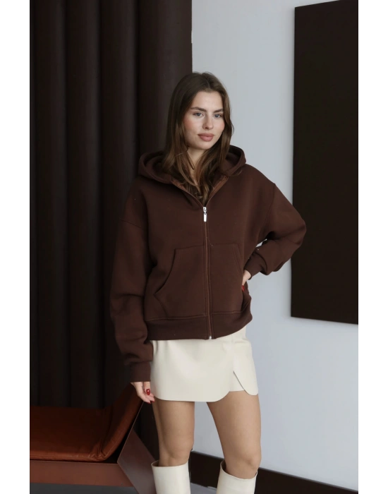 3 iplik şardonlu kapşonlu hoodie frm kahve p510437