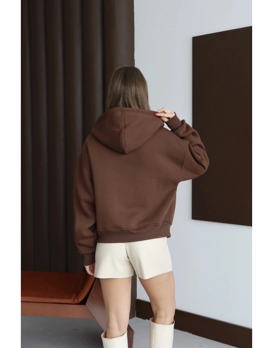 3 iplik şardonlu kapşonlu hoodie frm kahve p510437