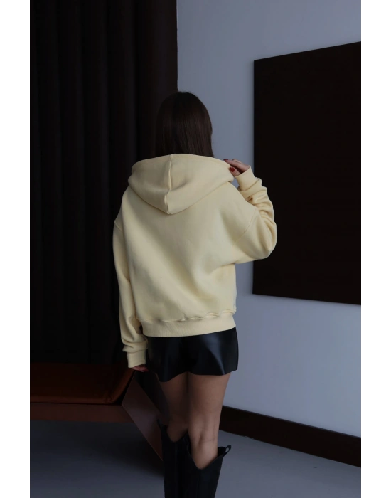 3 iplik şardonlu kapşonlu hoodie frm sarı p510437