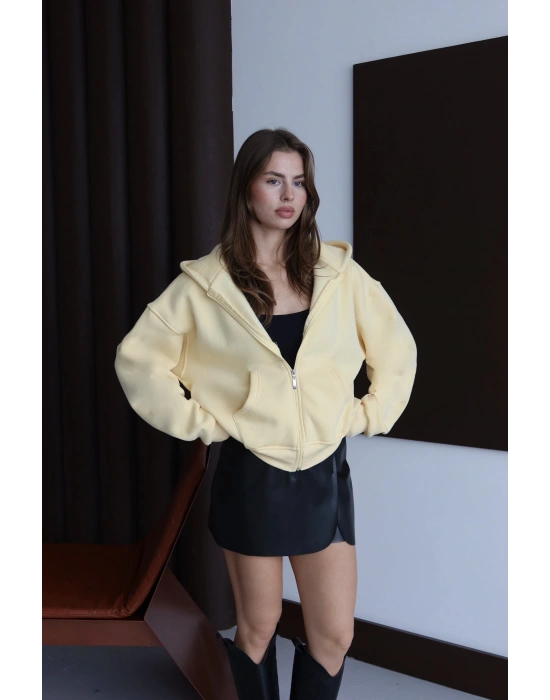 3 iplik şardonlu kapşonlu hoodie frm sarı p510437