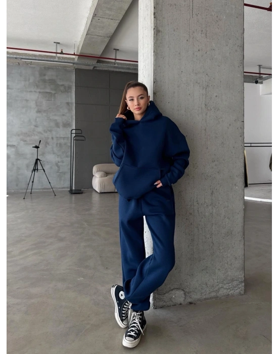 3 iplik şardonlu kapşonlu sweatshirt lacivert p510436