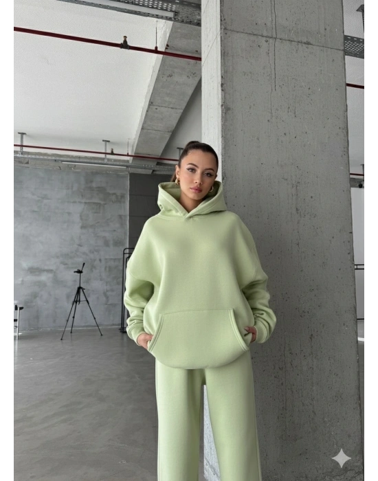 3 iplik şardonlu kapşonlu sweatshirt mint p510436