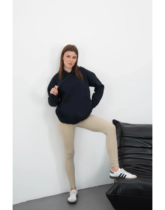 3 iplik şardonlu kapşonlu swetshirt lacivert md63