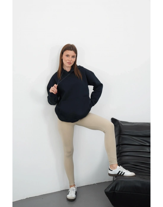 3 iplik şardonlu kapşonlu swetshirt lacivert md63