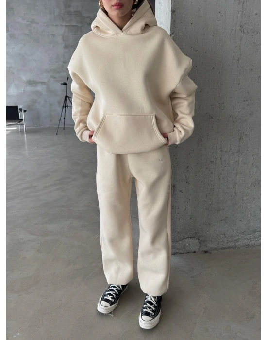 3 iplik şardonlu Lastik paça eşofman bej p510439