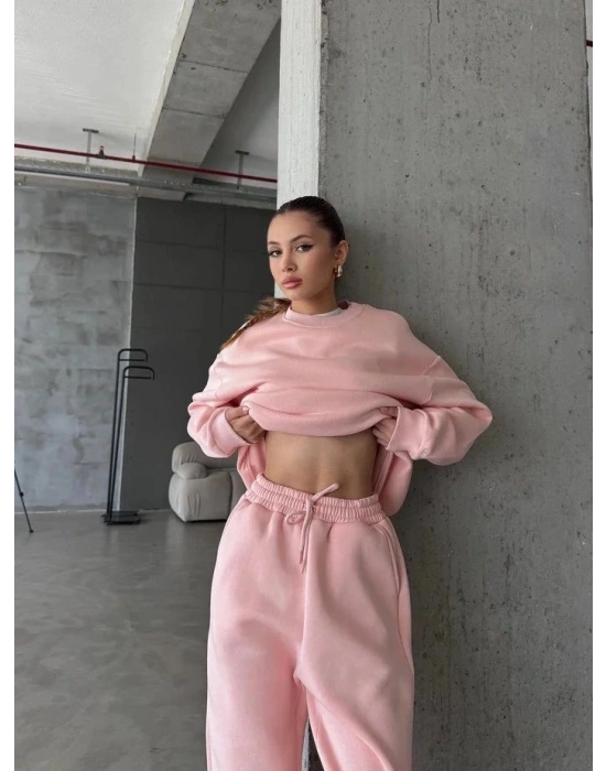 3 iplik şardonlu Lastik paça eşofman pembe p510439