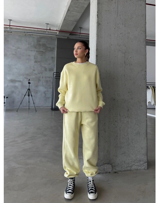 3 iplik şardonlu Lastik paça eşofman sarı p510439