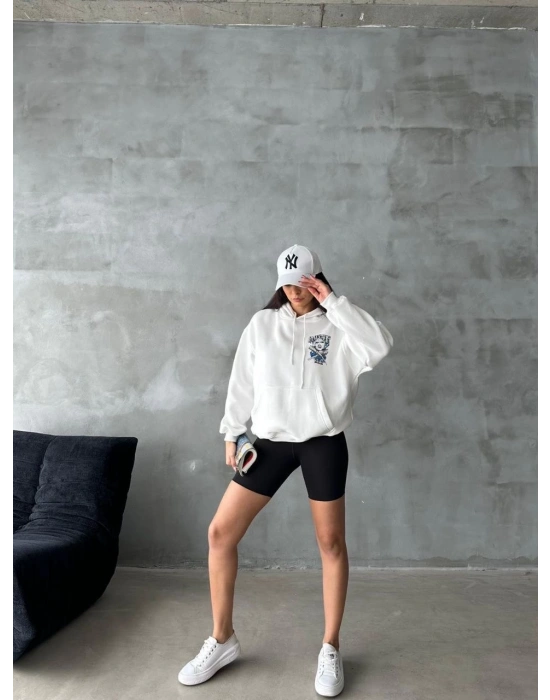 3 iplik şardonlu oversize kafa baskılı sweat beyaz