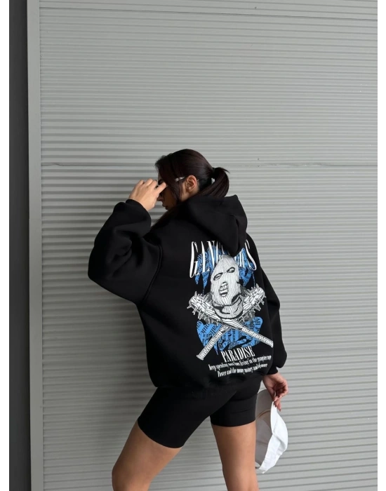 3 iplik şardonlu oversize kafa baskılı sweat siyah