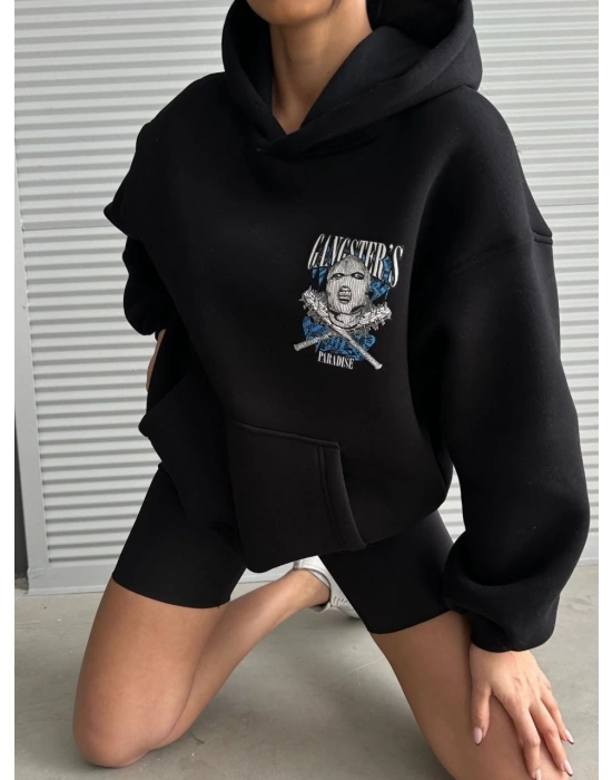 3 iplik şardonlu oversize kafa baskılı sweat siyah