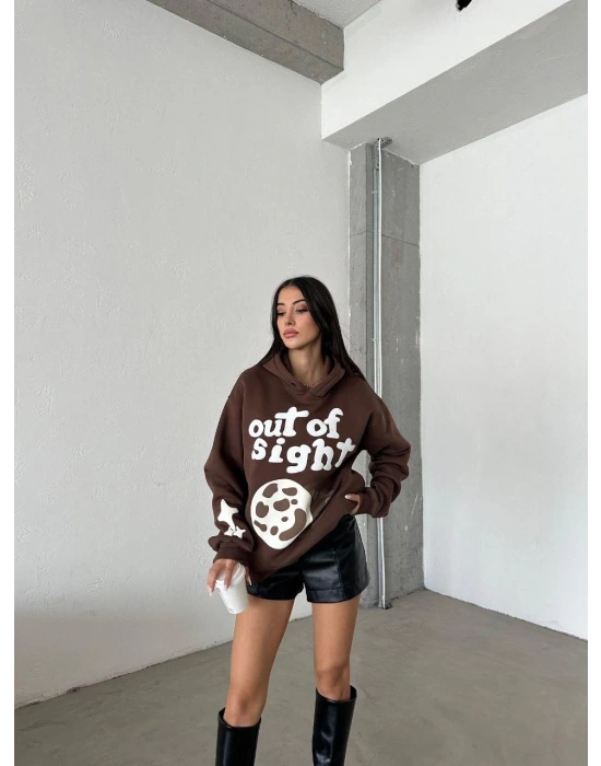 3 iplik şardonlu oversize out of baskılı sweat kahve