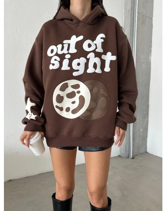 3 iplik şardonlu oversize out of baskılı sweat kahve