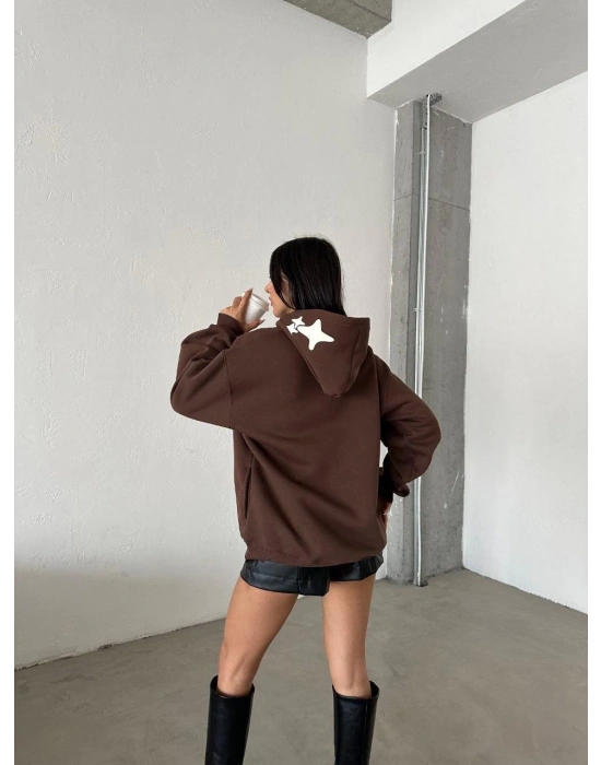 3 iplik şardonlu oversize out of baskılı sweat kahve