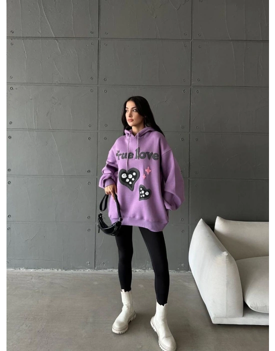 3 iplik şardonlu oversize true baskılı sweat mor