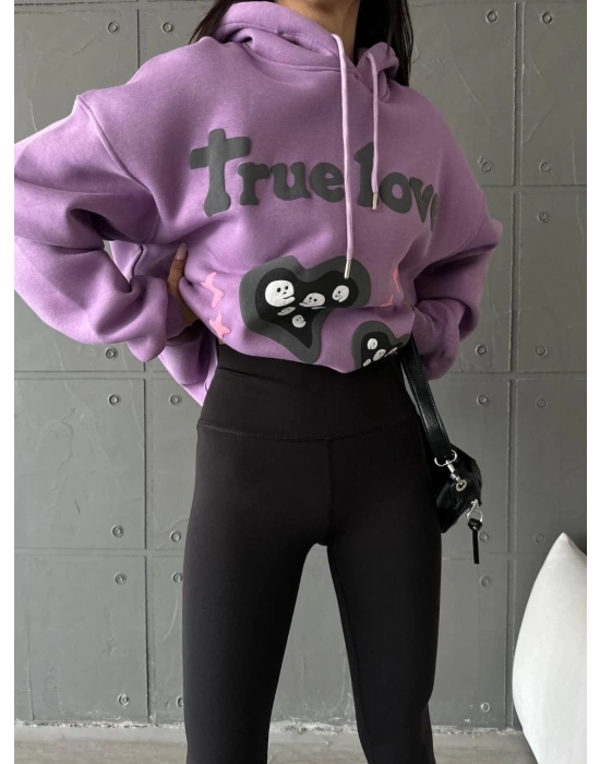 3 iplik şardonlu oversize true baskılı sweat mor