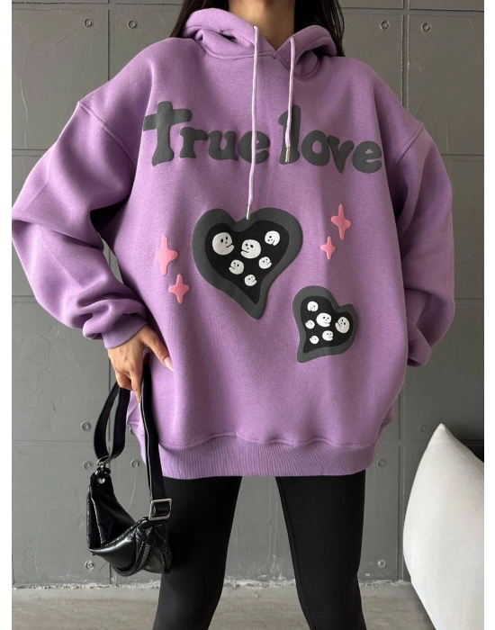 3 iplik şardonlu oversize true baskılı sweat mor