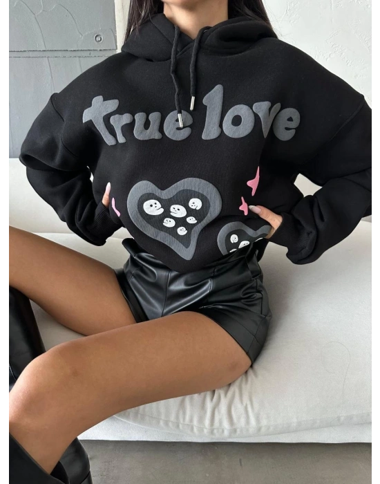 3 iplik şardonlu oversize true baskılı sweat siyah