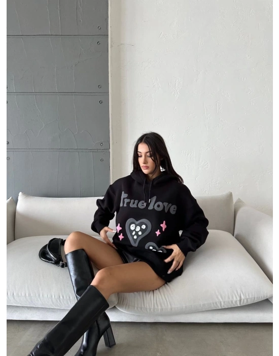3 iplik şardonlu oversize true baskılı sweat siyah
