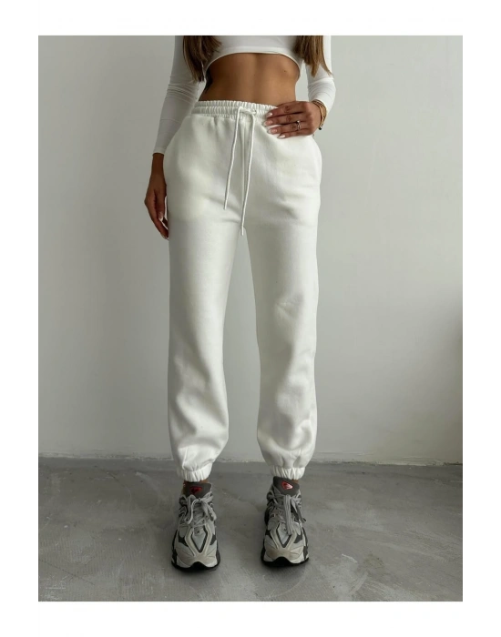 3 iplik şardonlu paça lastikli eşofman beyaz is001